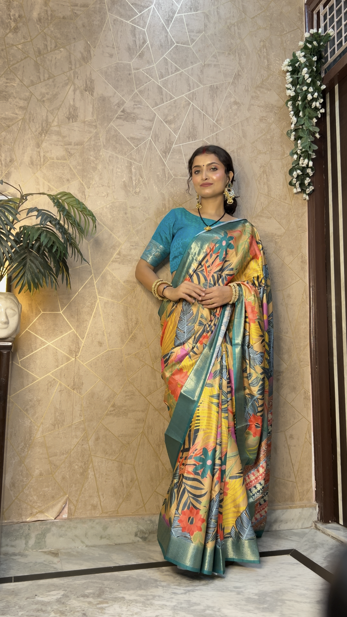 Teal Blue Printed Silk Saree