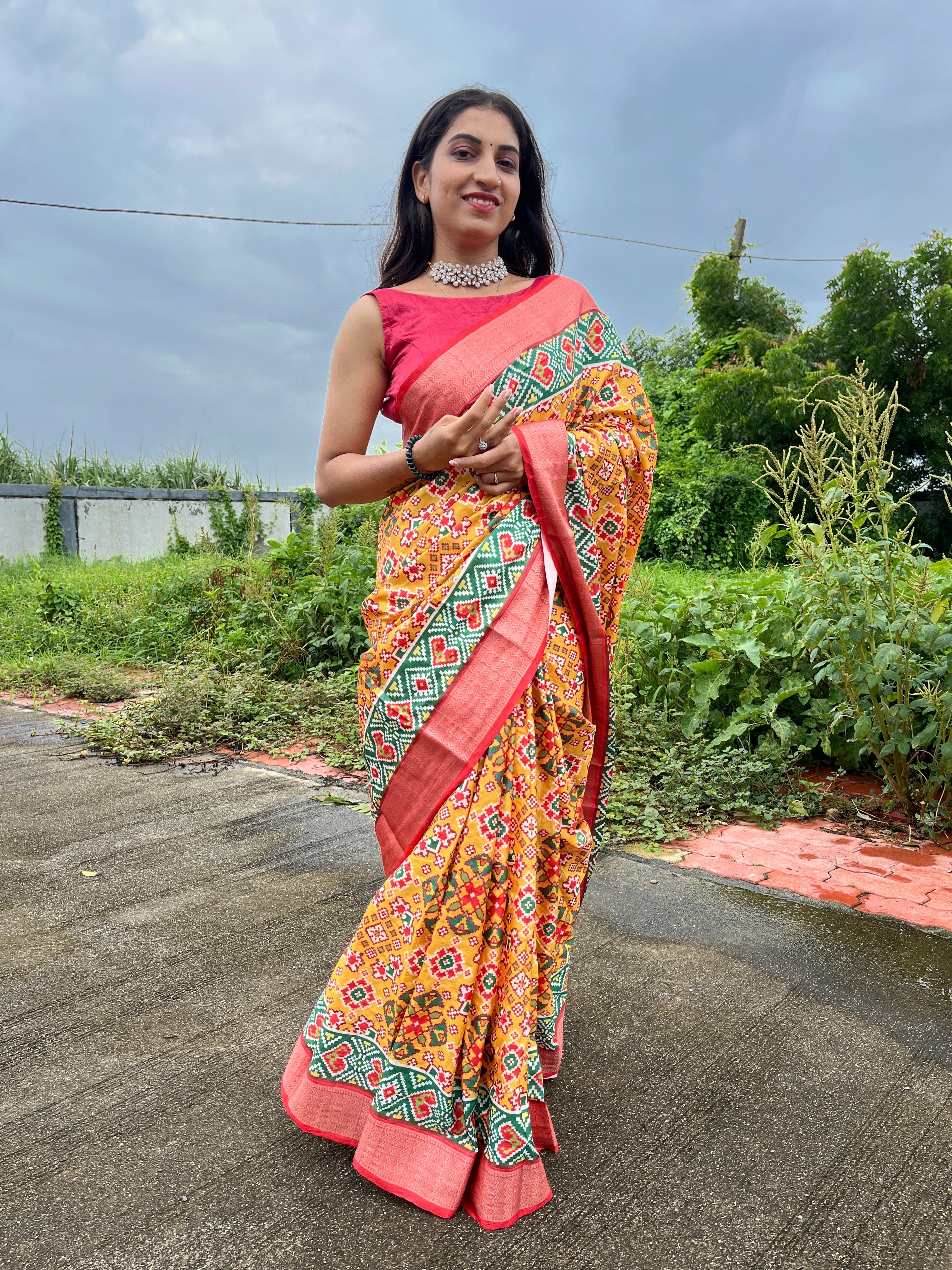 Yellow Dola Silk Digitally Printed Saree Weaved With Attractive Lace Comes With Tassels