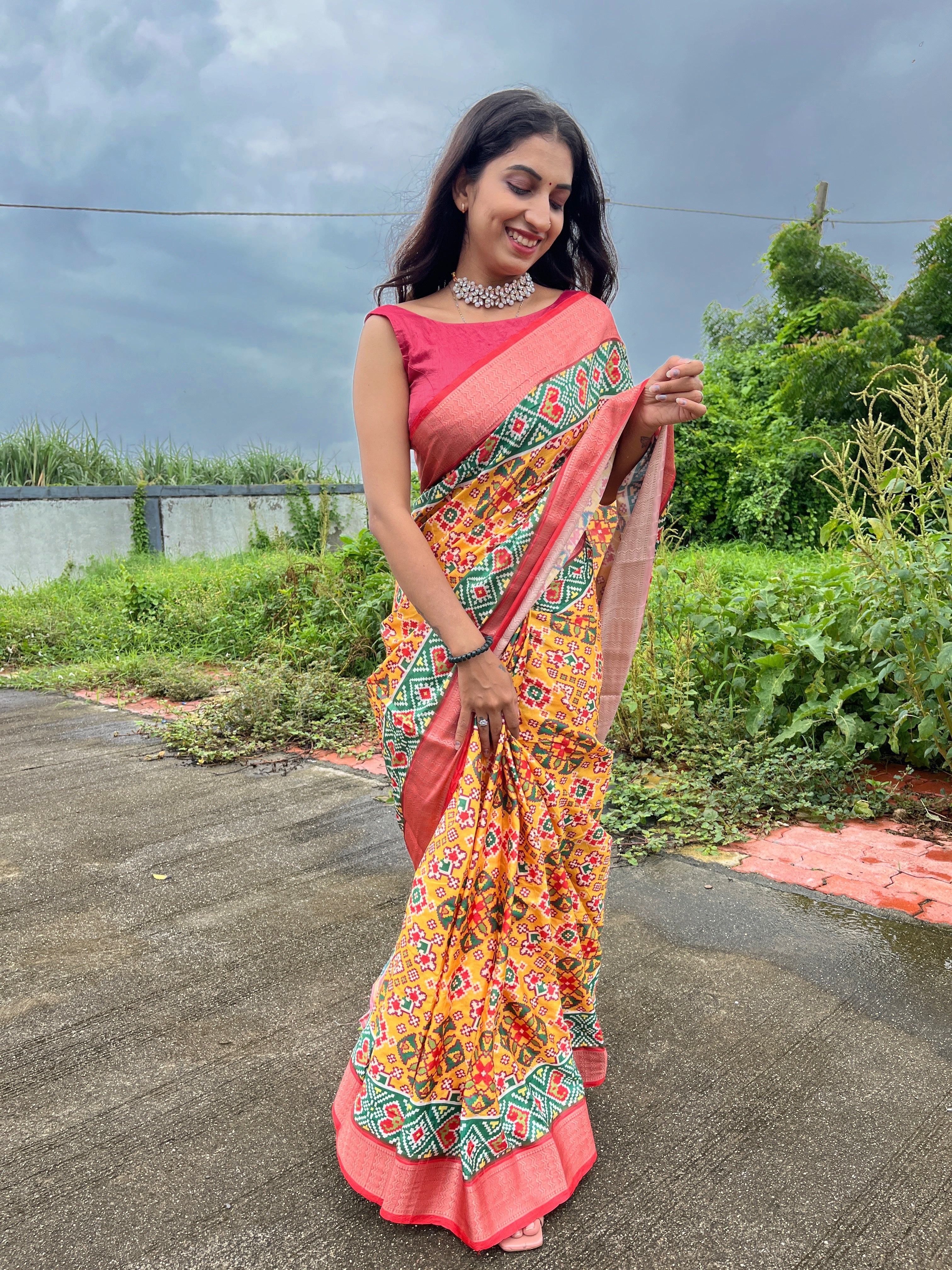 Yellow Dola Silk Digitally Printed Saree Weaved With Attractive Lace Comes With Tassels