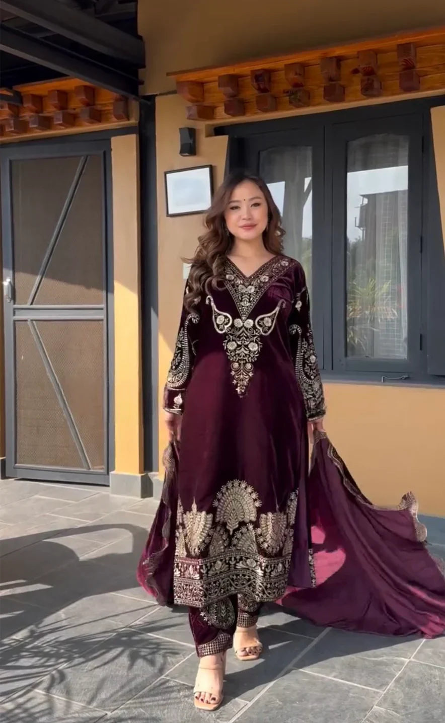 Velvet Beauty: Traditional Glam in Maroon and Gold Embroidery