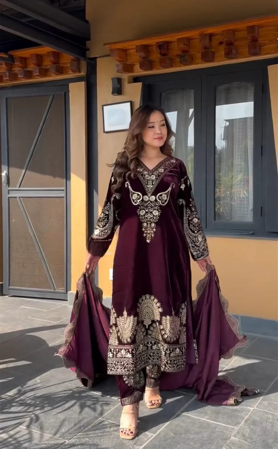 Velvet Beauty: Traditional Glam in Maroon and Gold Embroidery