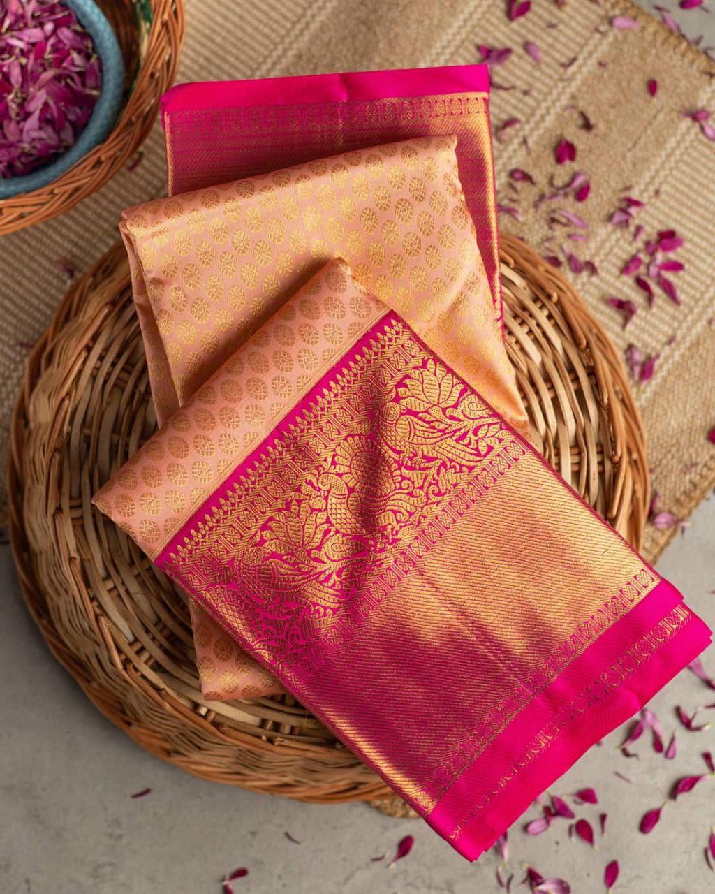 Mellifluous Peach Soft Banarasi Silk Saree With Evocative Blouse Piece