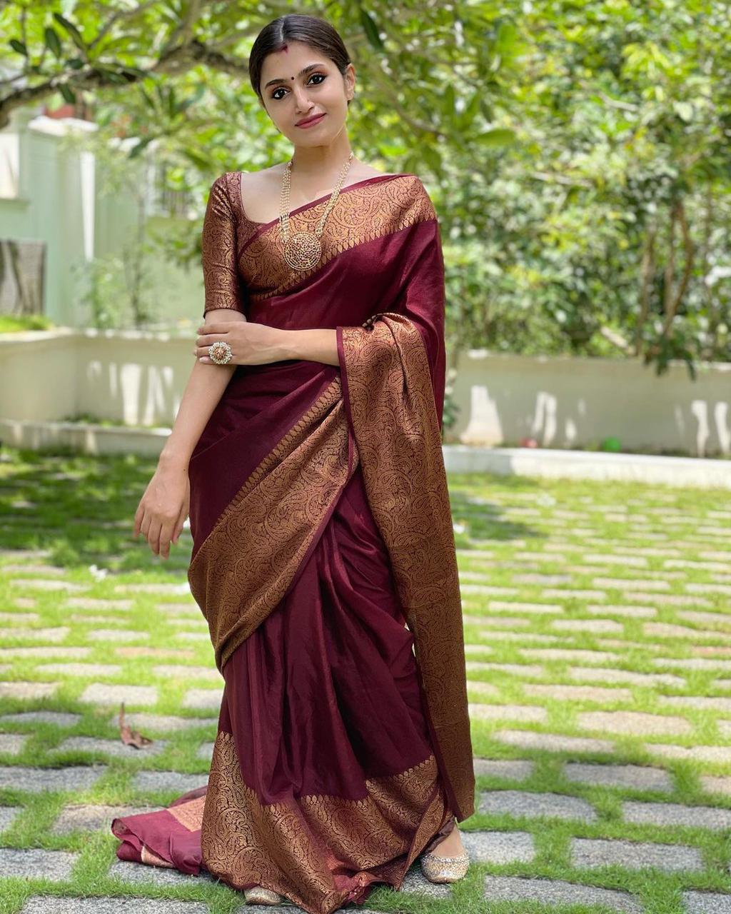 Unique Wine Soft Silk Saree With Wonderful Blouse Piece