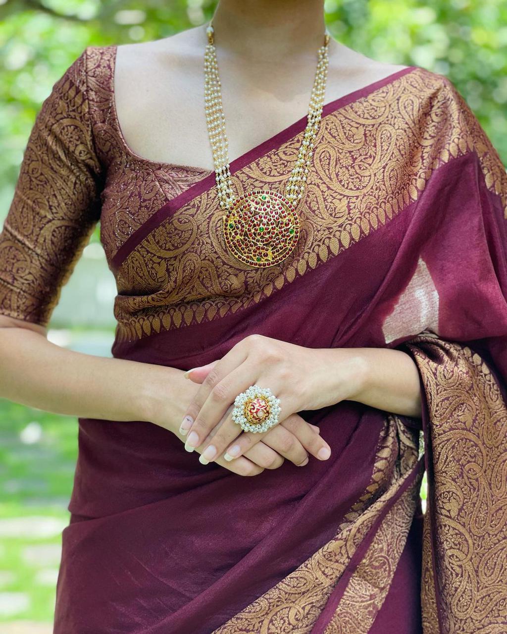 Unique Wine Soft Silk Saree With Wonderful Blouse Piece