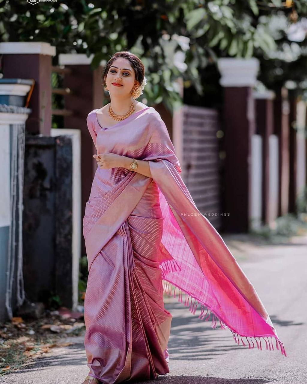 Quintessential Pink Soft Silk Saree With Petrichor Blouse Piece