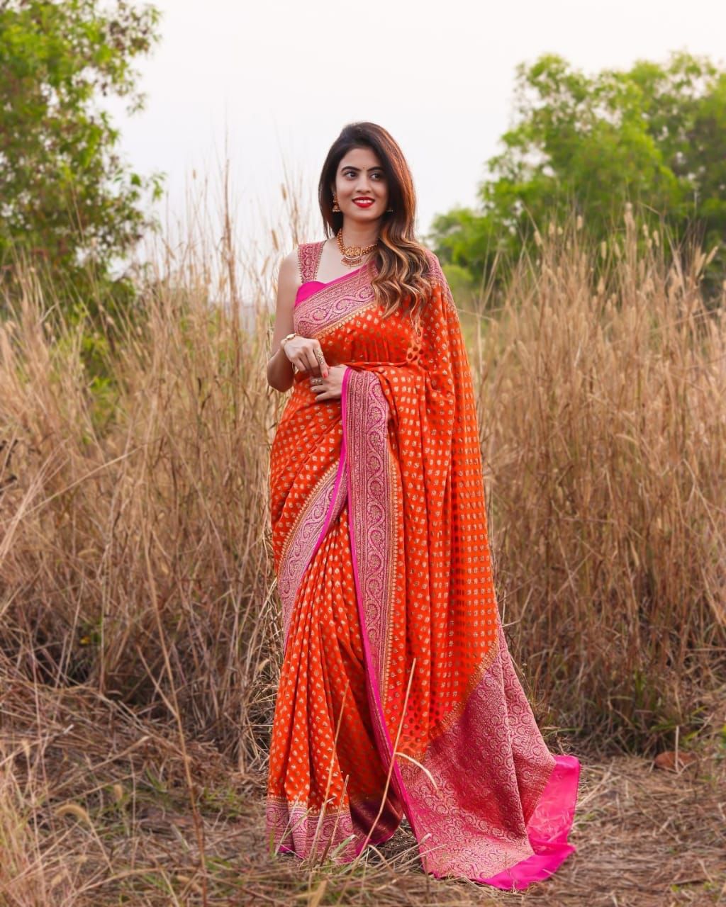 Prettiest Orange Soft Banarasi Silk Saree With Twirling Blouse Piece