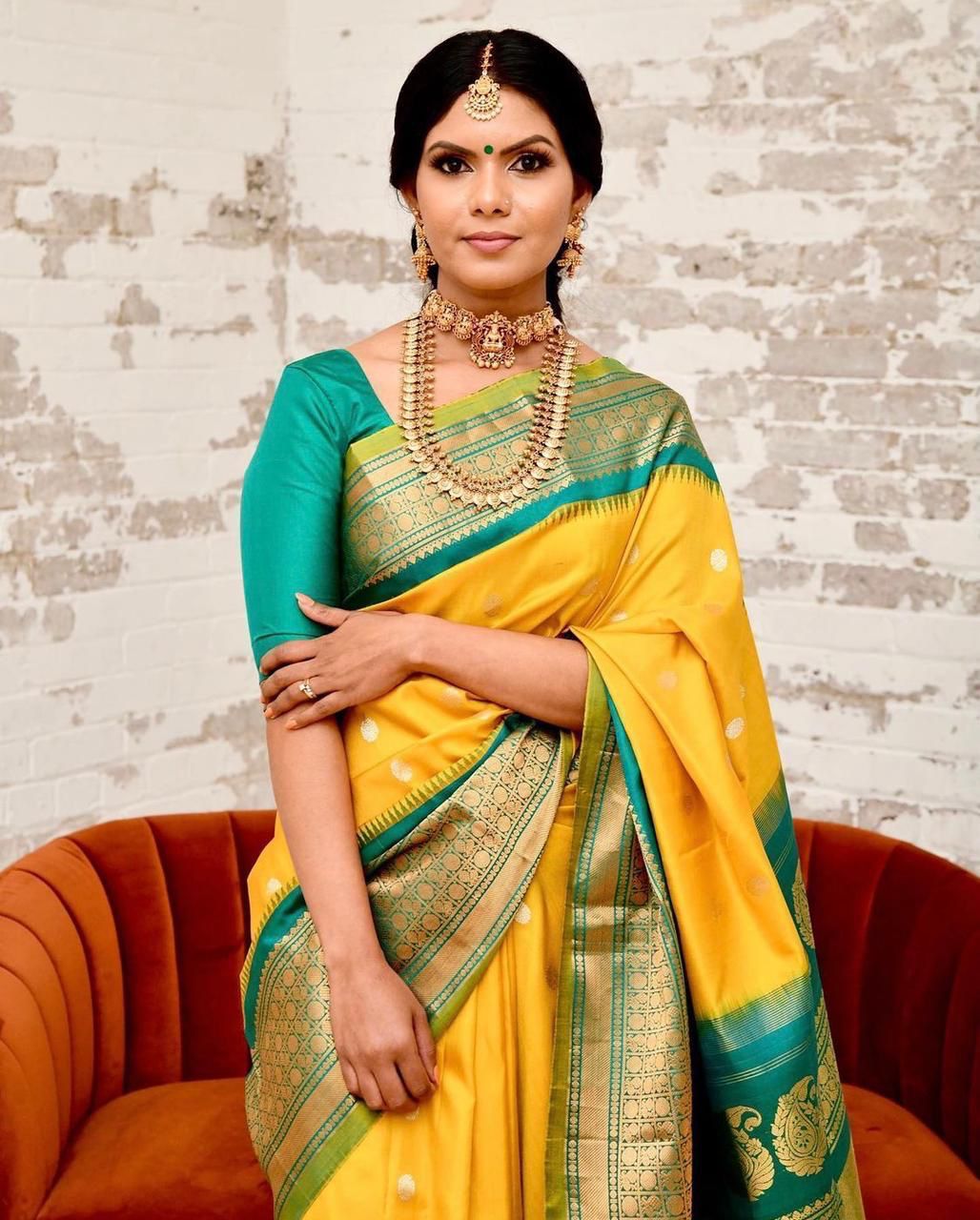 Staring Yellow Soft Banarasi Silk Saree With Charming Blouse Piece