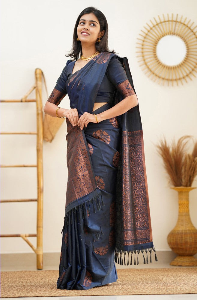 Profuse Navy Blue Soft Silk Saree With Engaging Blouse Piece