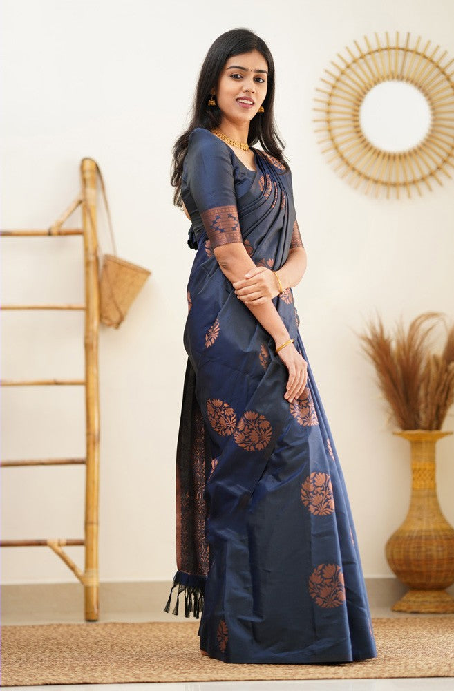 Profuse Navy Blue Soft Silk Saree With Engaging Blouse Piece