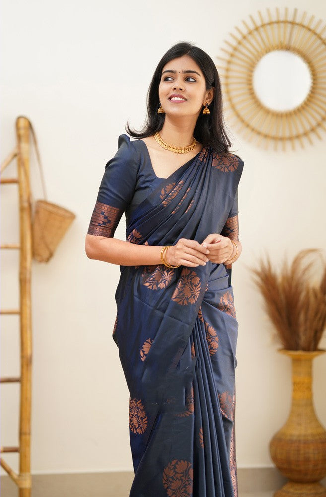 Profuse Navy Blue Soft Silk Saree With Engaging Blouse Piece