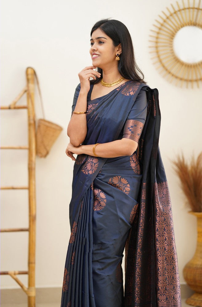 Profuse Navy Blue Soft Silk Saree With Engaging Blouse Piece