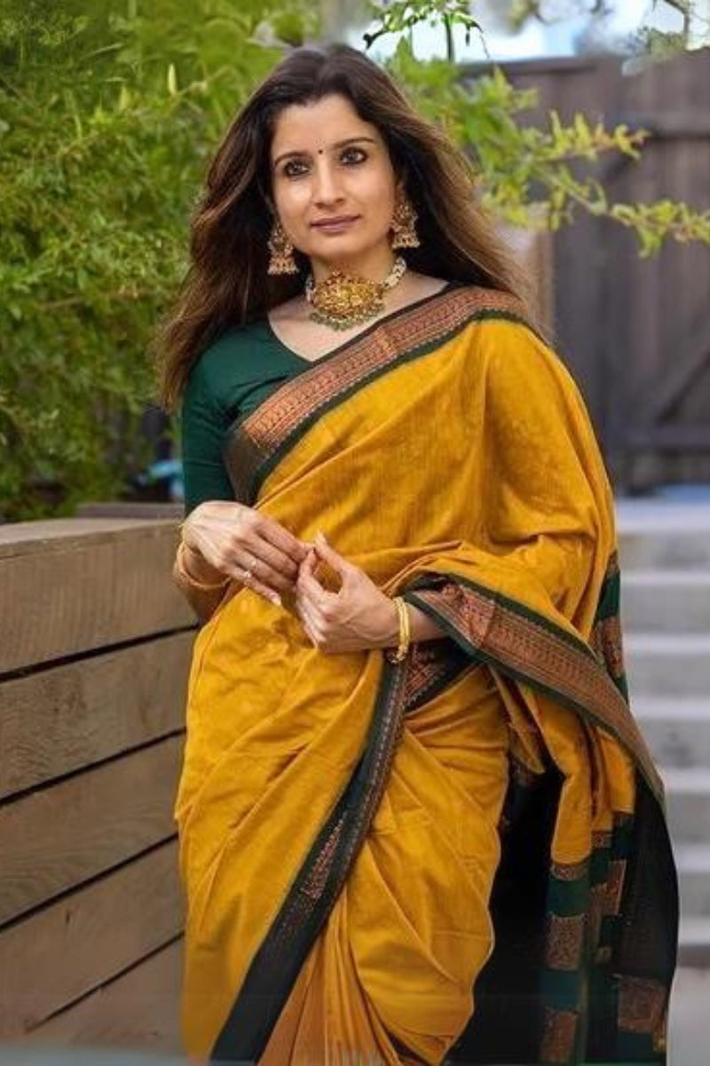 Traditional Mustard Soft Silk Saree With Embellished Blouse Piece