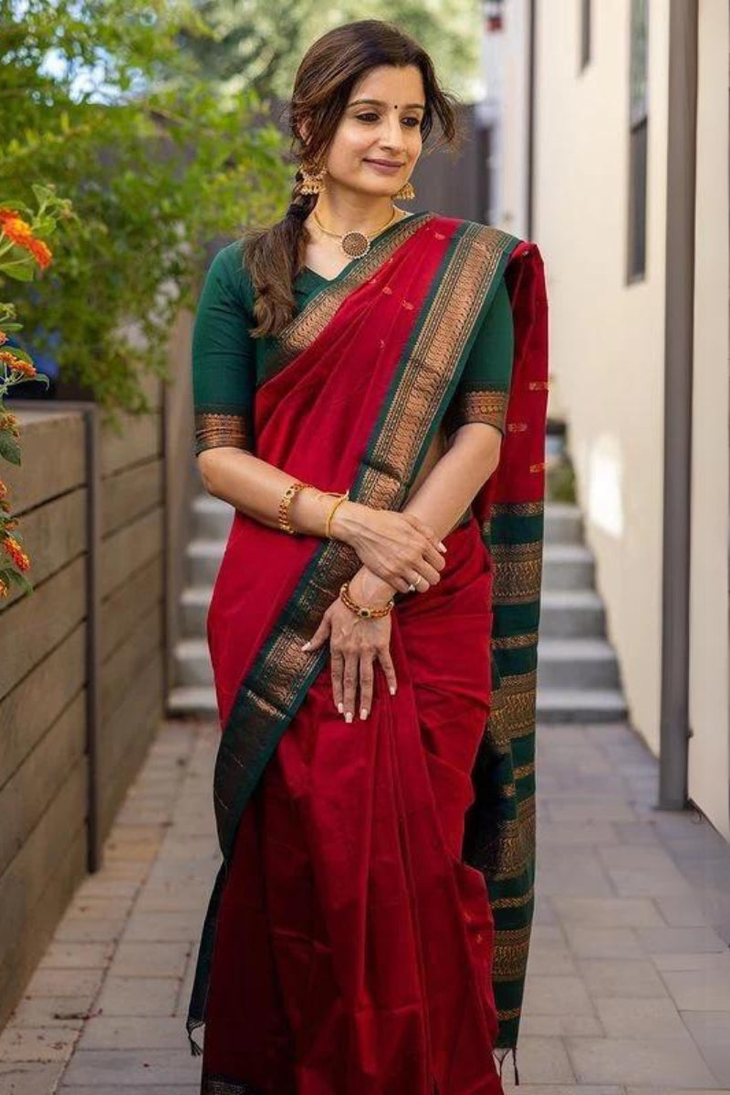 Woebegone Red Soft Silk Saree With Opulent Blouse Piece