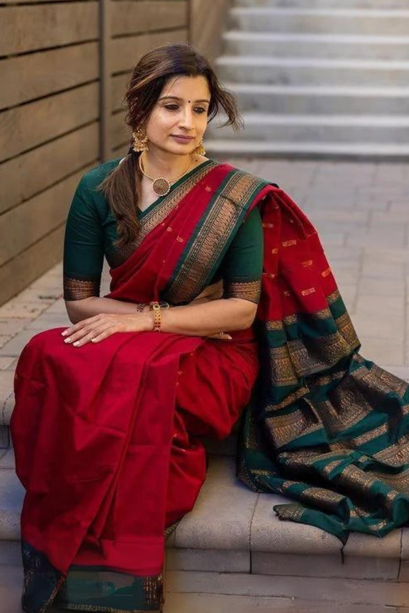 Woebegone Red Soft Silk Saree With Opulent Blouse Piece