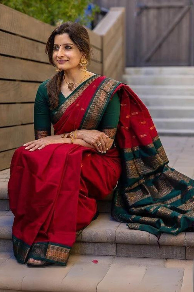 Woebegone Red Soft Silk Saree With Opulent Blouse Piece