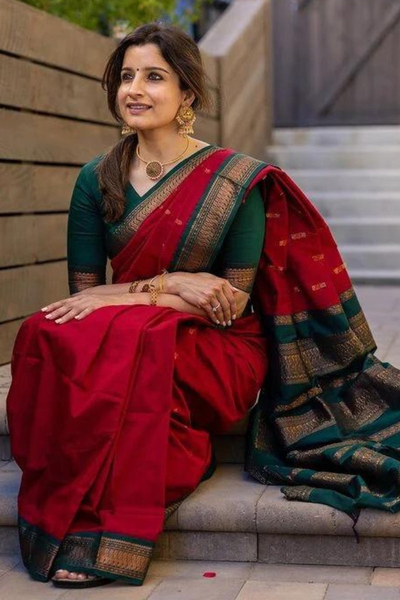 Woebegone Red Soft Silk Saree With Opulent Blouse Piece