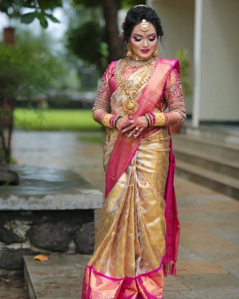 Snazzy Beige Soft Silk Saree With Opulent Blouse Piece