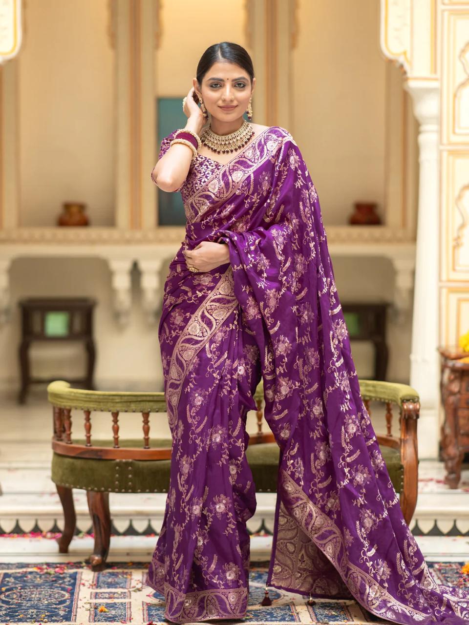 Splendiferous Purple Soft Silk Saree With Petrichor Blouse Piece