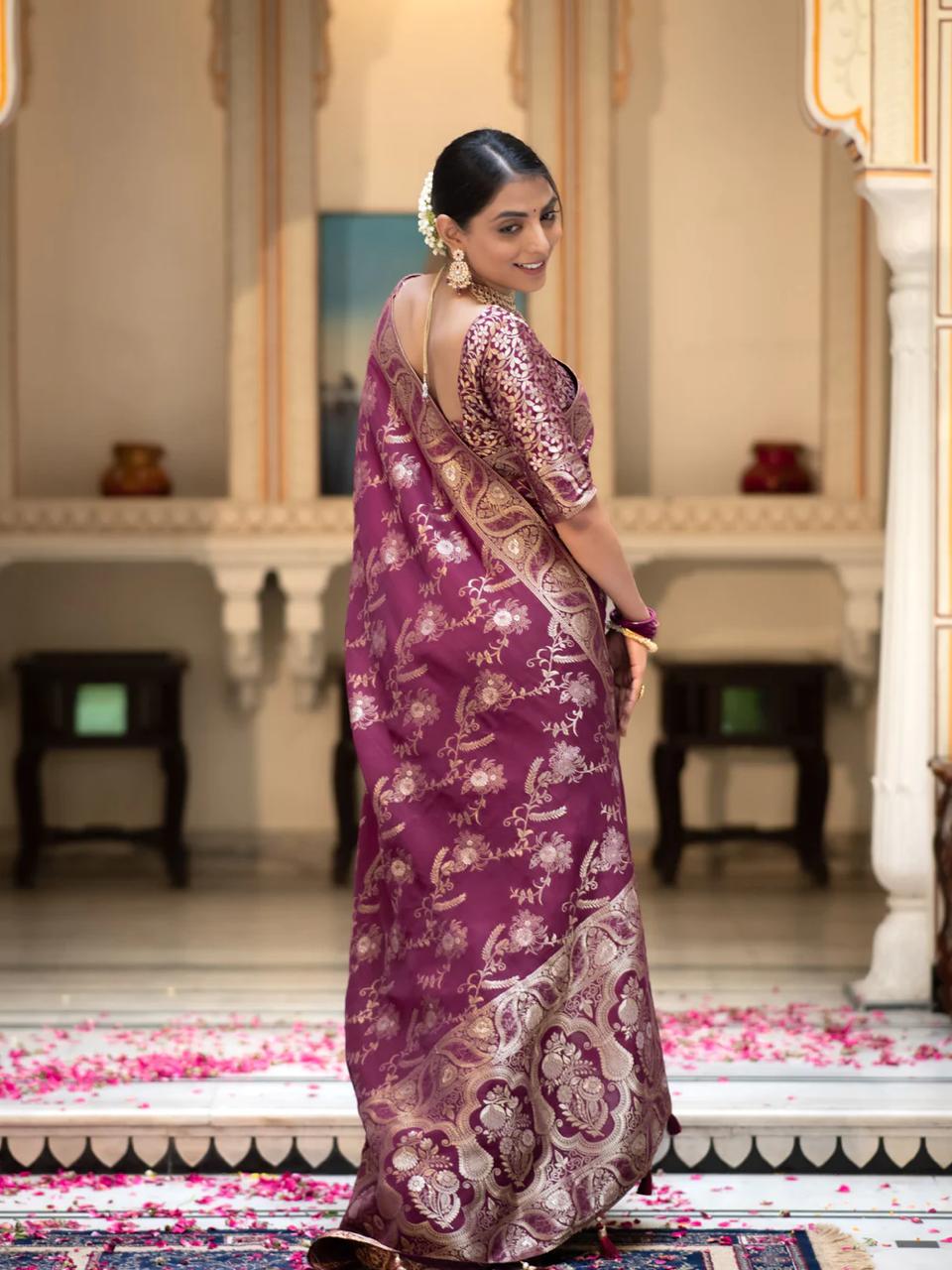 Preferable Wine Soft Silk Saree With Ethnic Blouse Piece