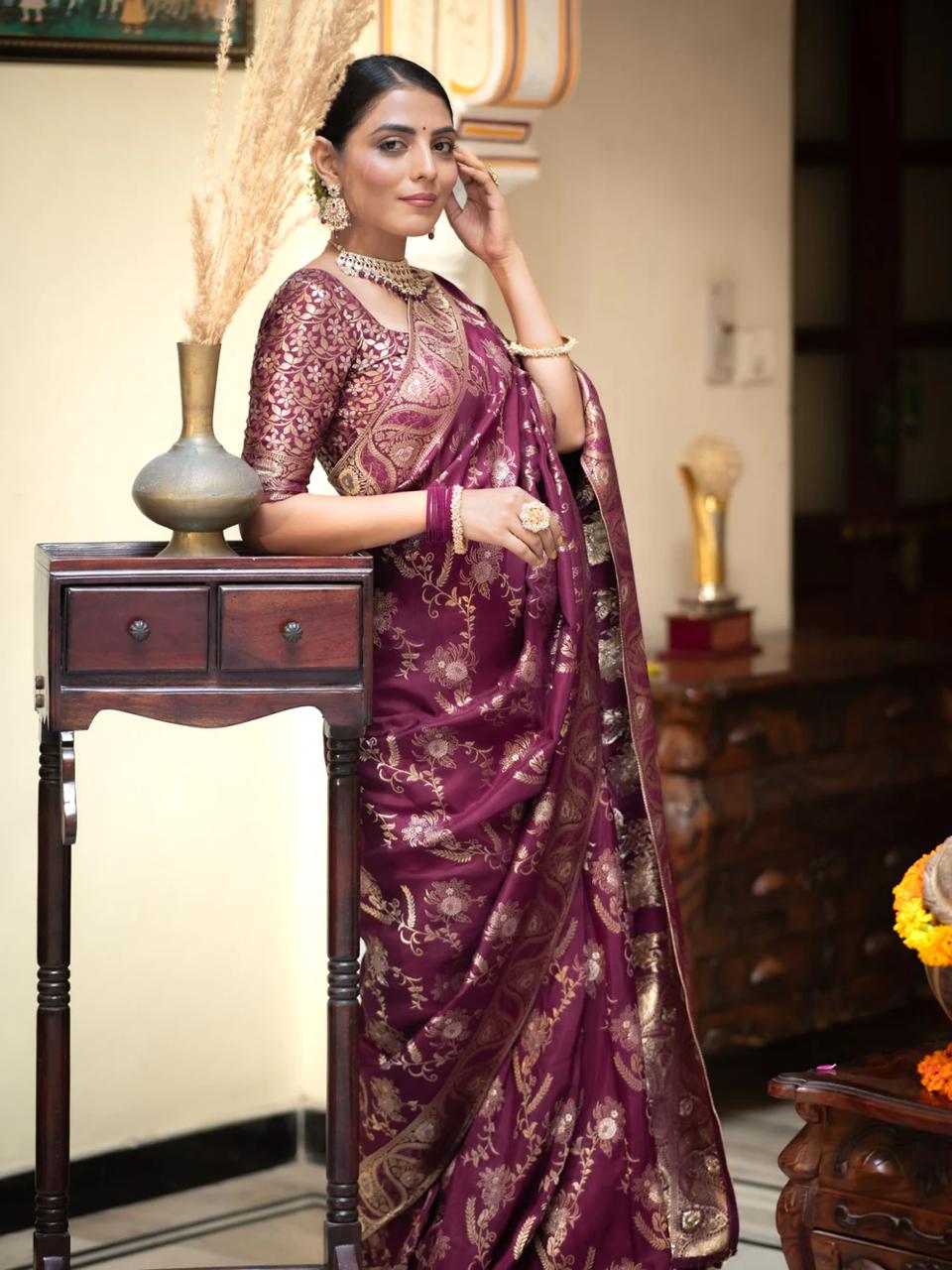 Preferable Wine Soft Silk Saree With Ethnic Blouse Piece