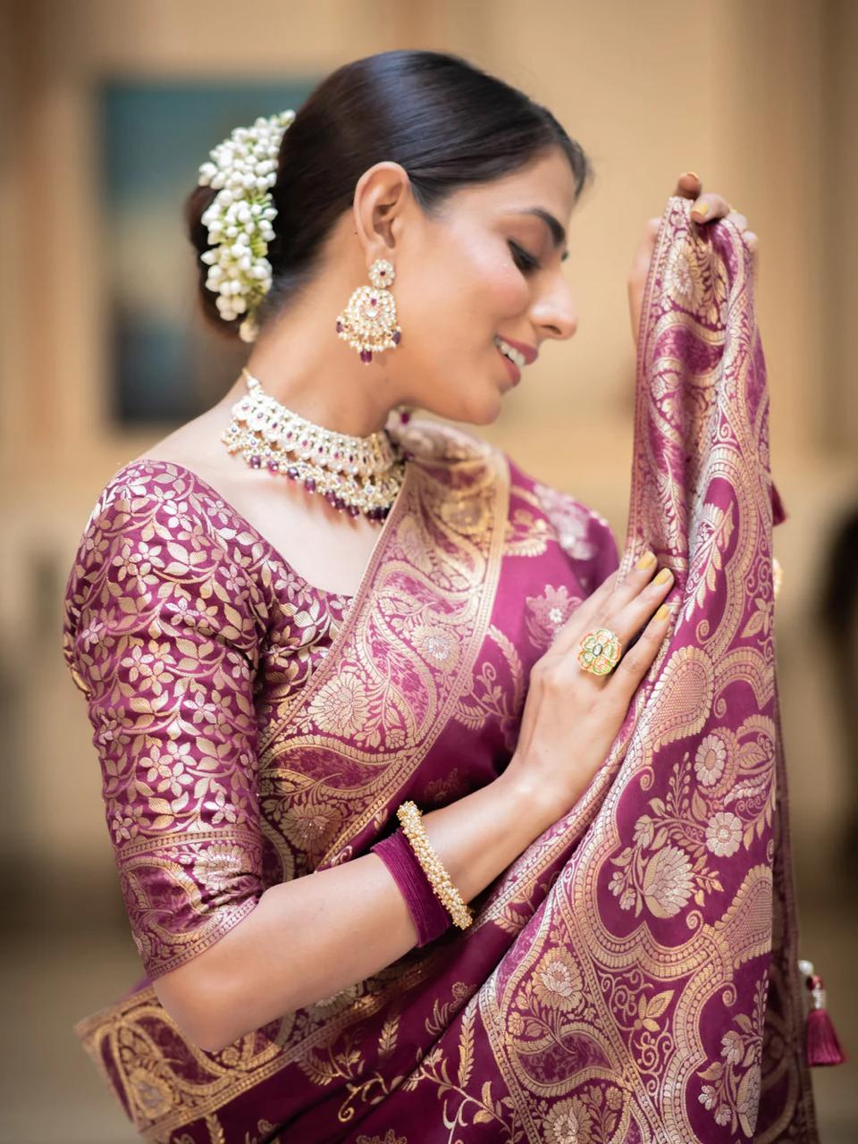 Preferable Wine Soft Silk Saree With Ethnic Blouse Piece