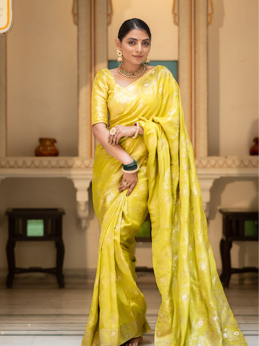 Traditional Yellow Soft Silk Saree With Twirling Blouse Piece