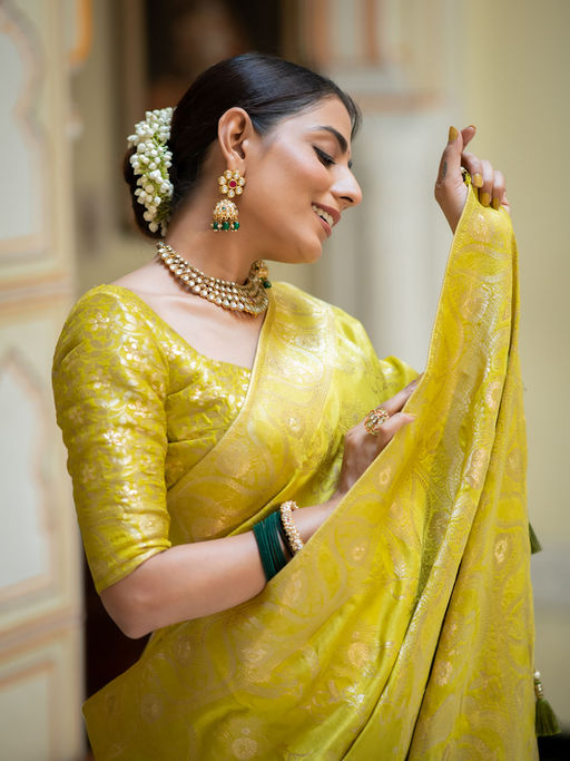 Traditional Yellow Soft Silk Saree With Twirling Blouse Piece