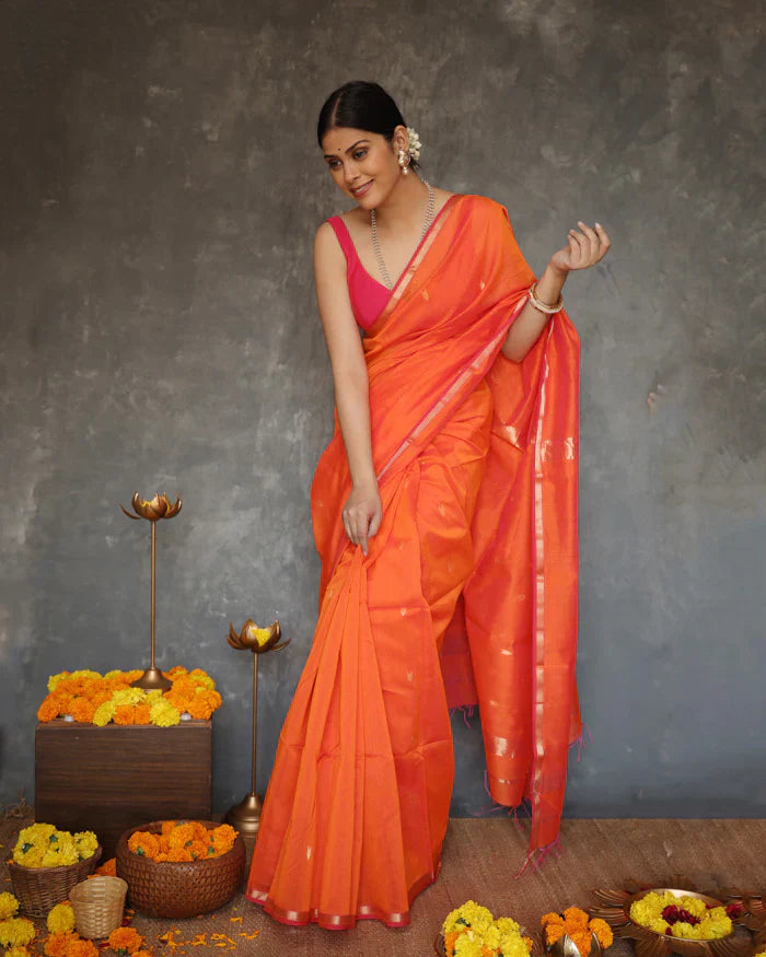 Susurrous Orange Cotton Silk Saree With Enthralling Blouse Piece