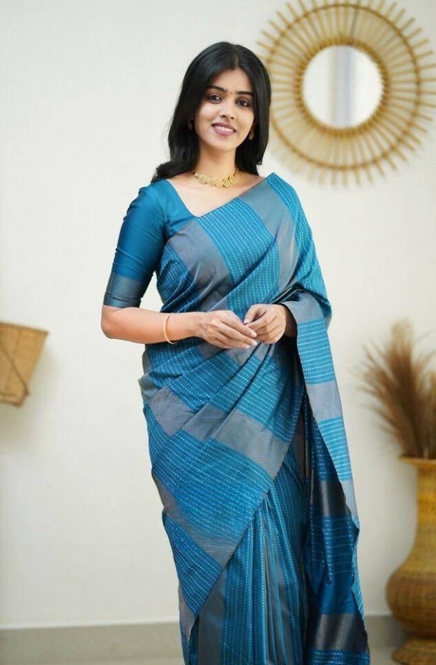 Sumptuous Firozi Soft Silk Saree With Enchanting Blouse Piece