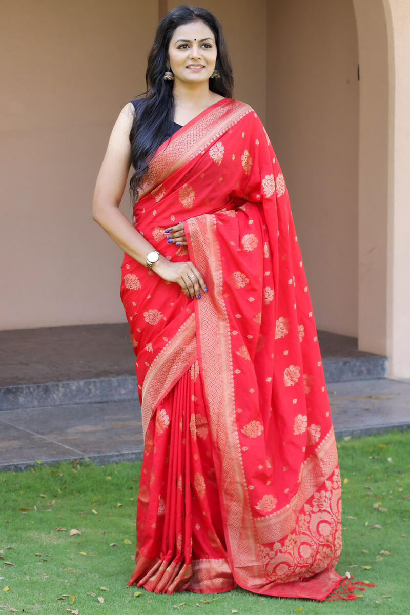 Embellished Red Soft Silk Banarasi Saree With Panache Blouse Pieced