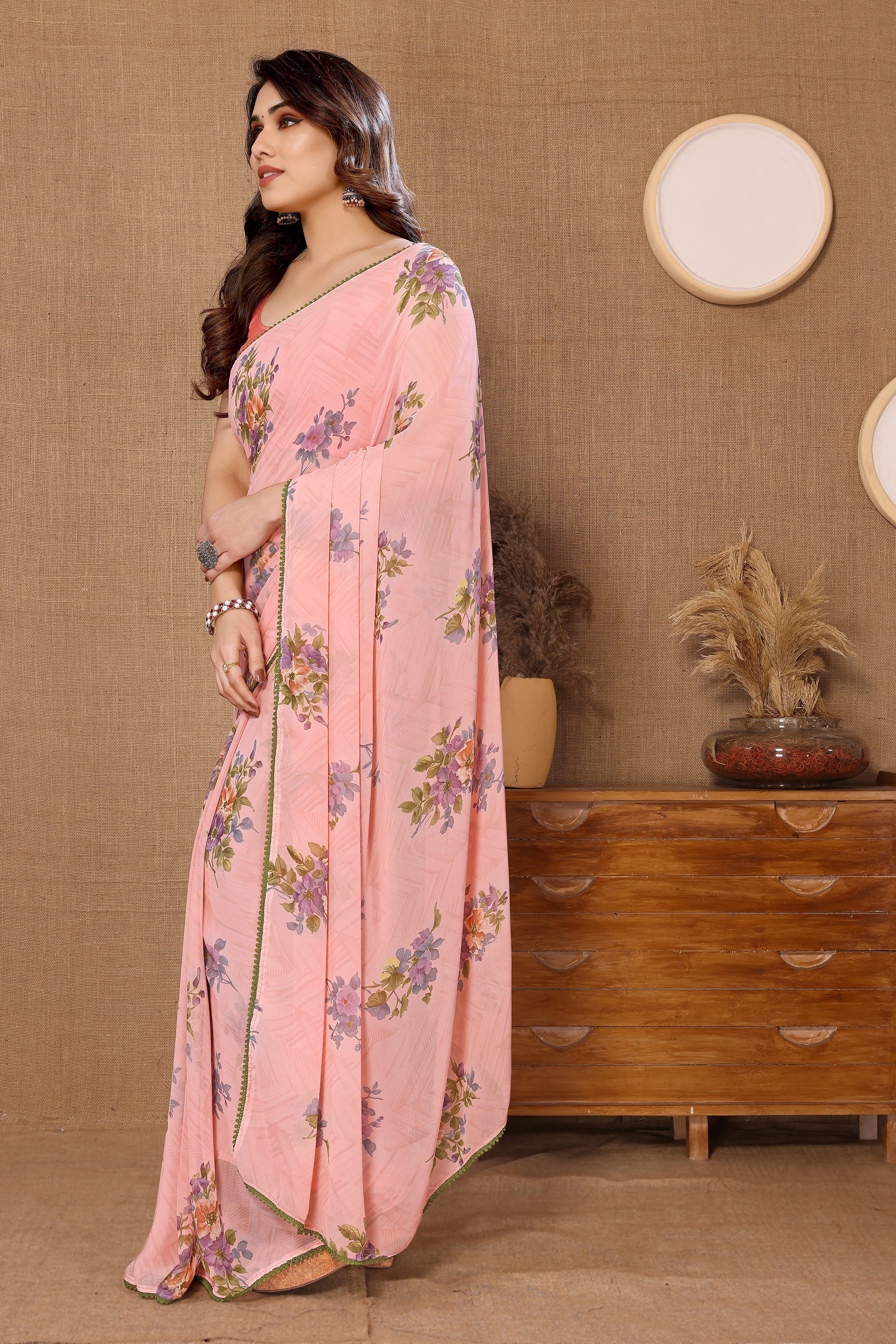 Pink Georgette Ready To Wear Saree With Attractive Banglori Blouse