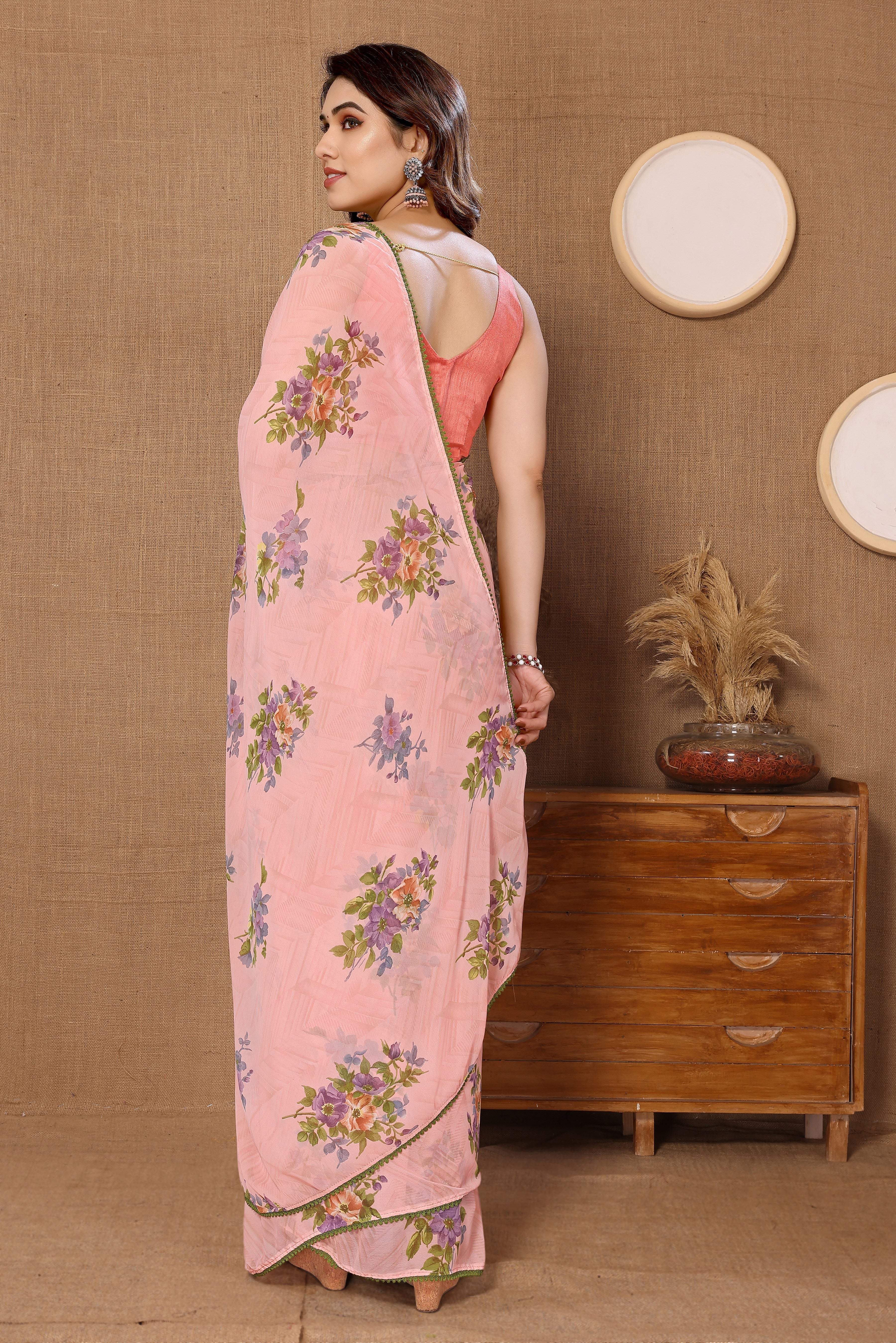 Pink Georgette Ready To Wear Saree With Attractive Banglori Blouse