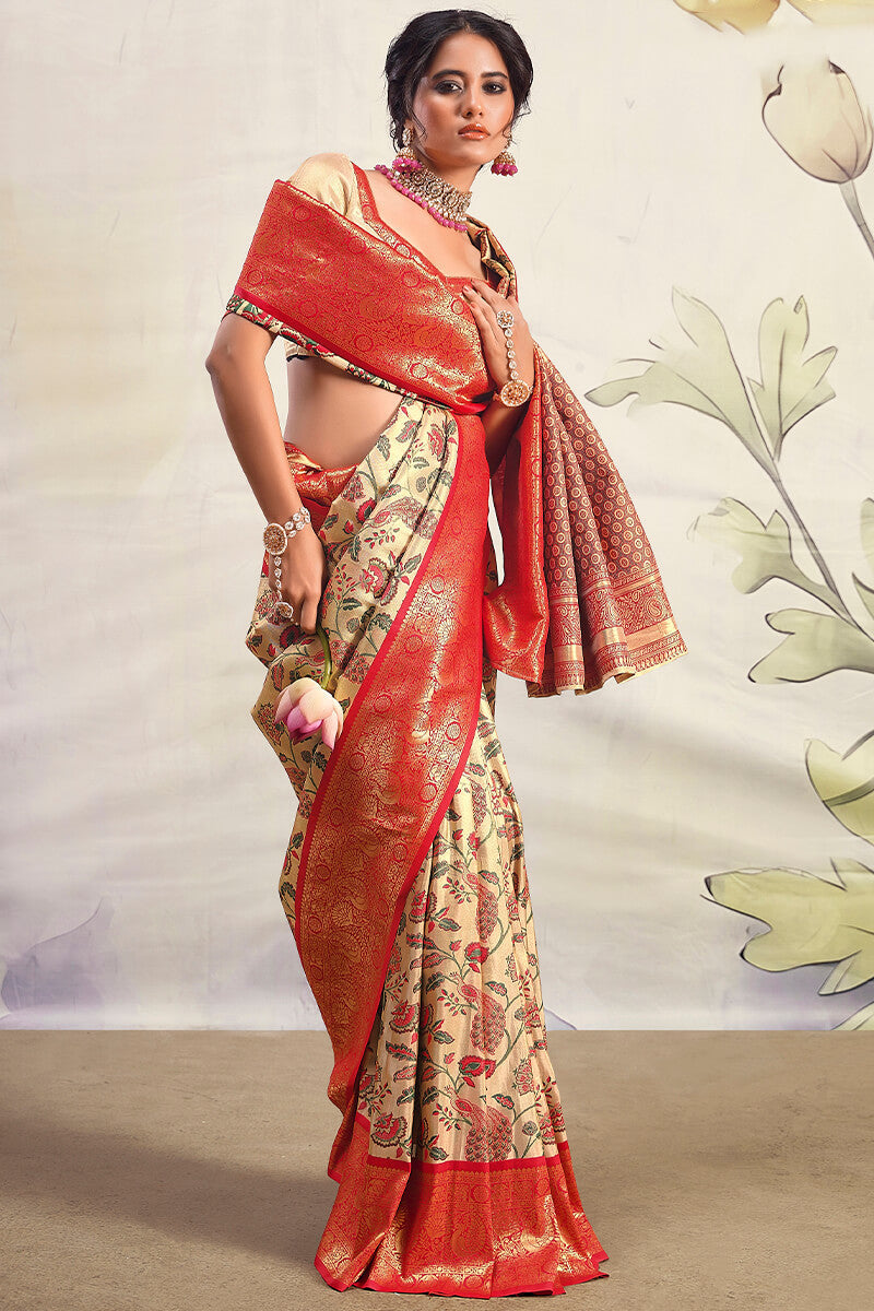 Classy Beige Kalamkari Printed Saree With Winsome Blouse Piece