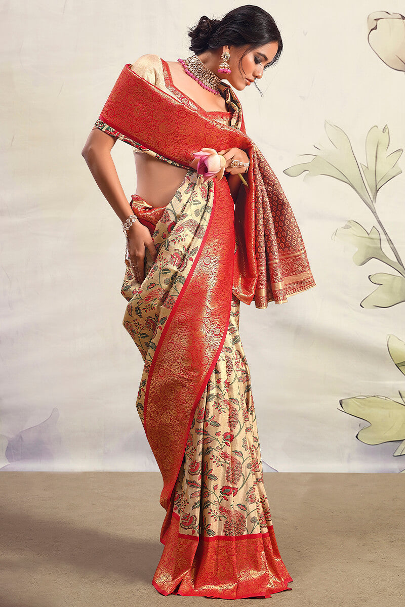 Classy Beige Kalamkari Printed Saree With Winsome Blouse Piece