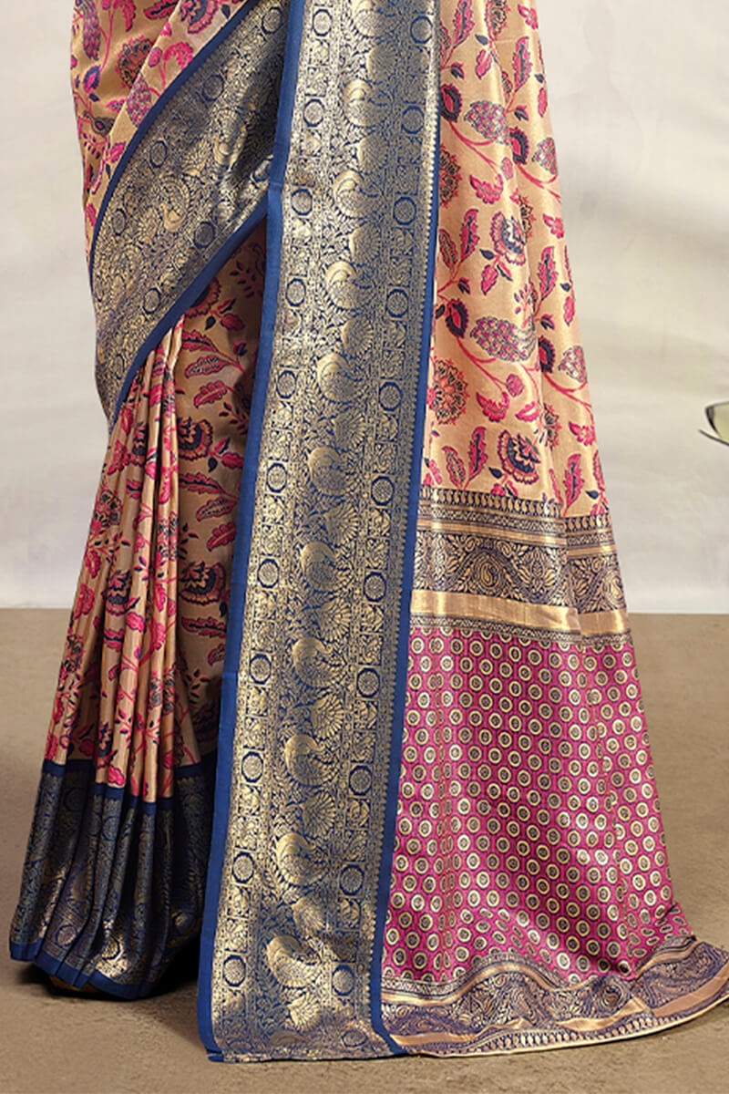 Stylish Beige Kalamkari Printed Saree With Mellifluous Blouse Piece