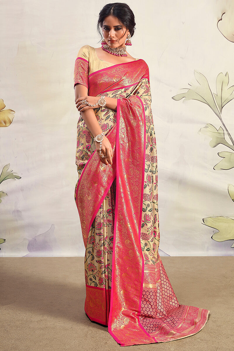 Beautiful Beige Kalamkari Printed Saree With Exquisite Blouse Piece