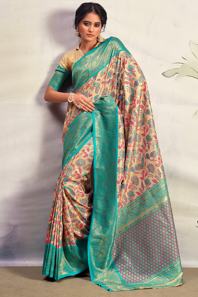 Breathtaking Beige Kalamkari Printed Saree With Quixotic Blouse Piece