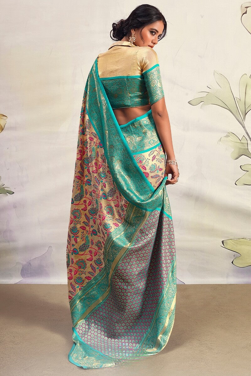 Breathtaking Beige Kalamkari Printed Saree With Quixotic Blouse Piece