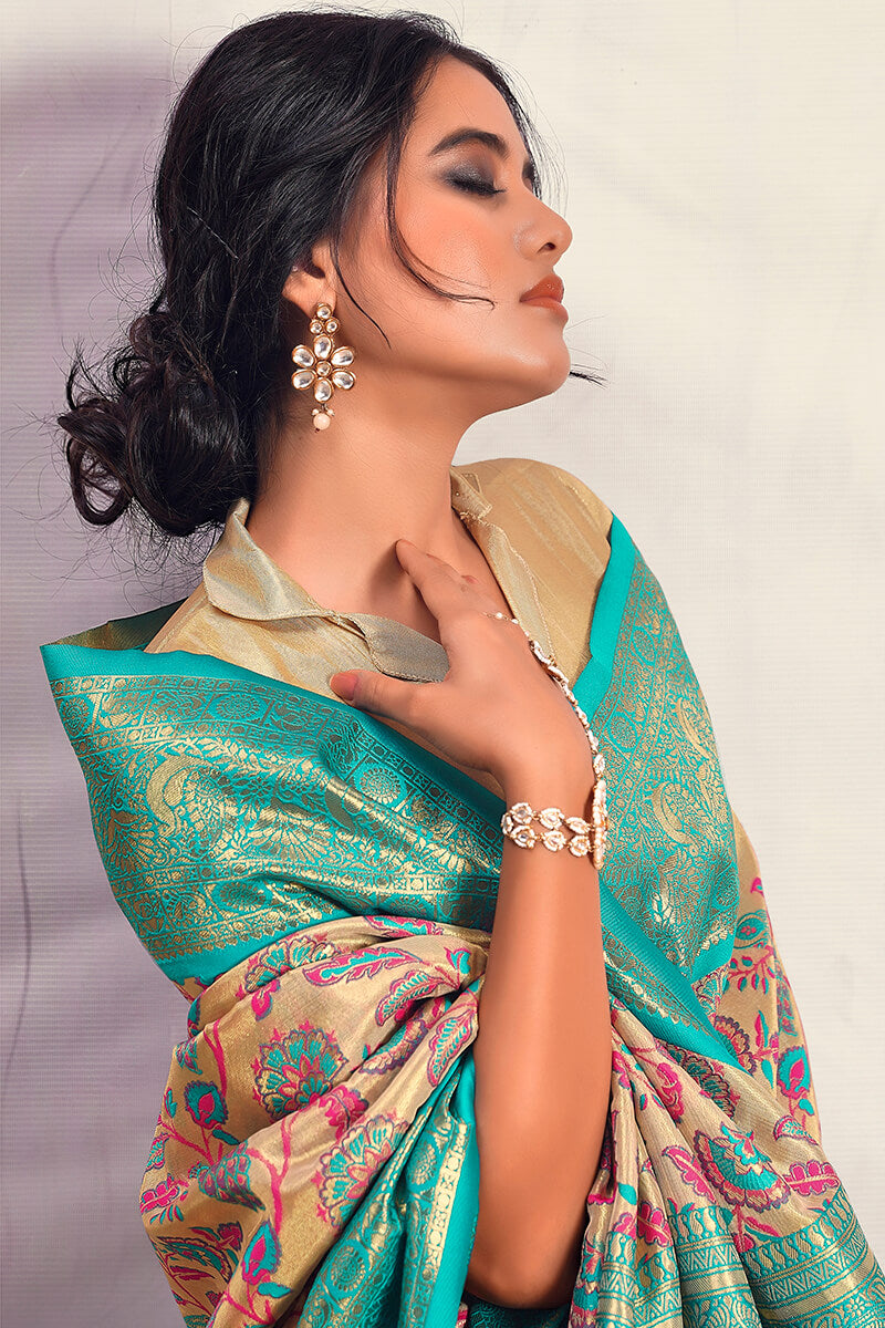 Breathtaking Beige Kalamkari Printed Saree With Quixotic Blouse Piece