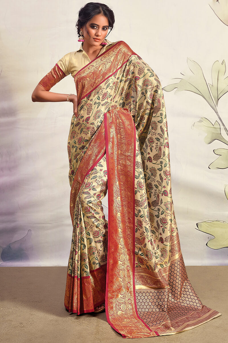 Mesmeric Beige Kalamkari Printed Saree With Ravishing Blouse Piece