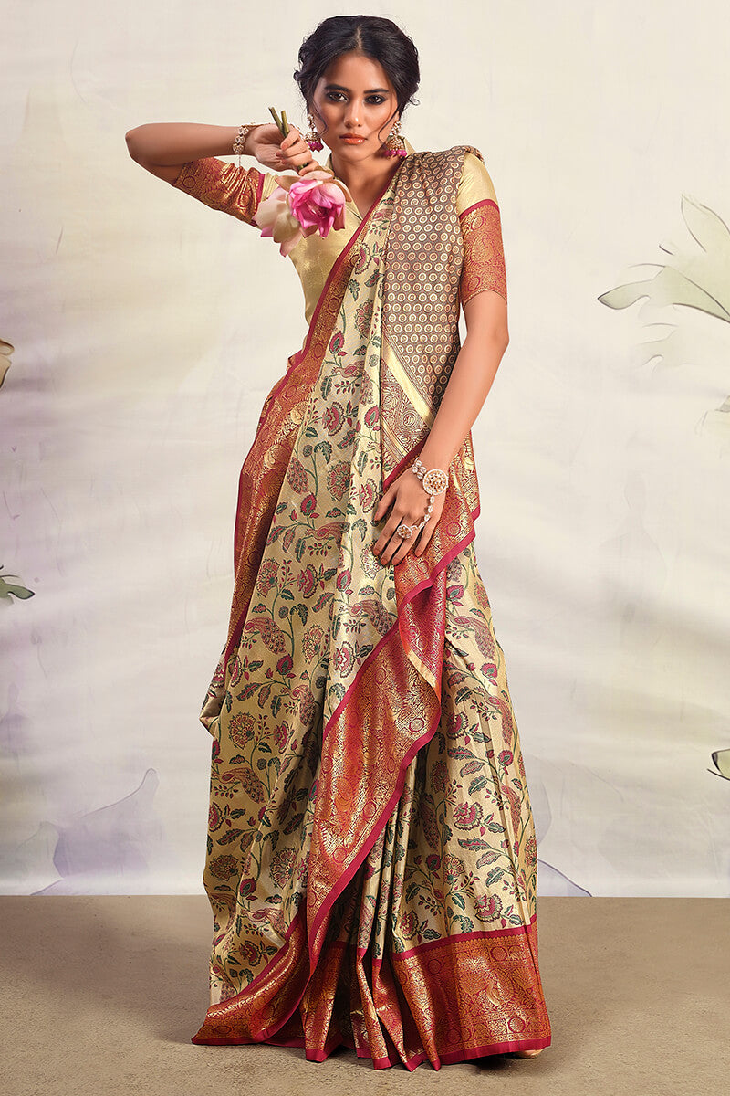 Mesmeric Beige Kalamkari Printed Saree With Ravishing Blouse Piece