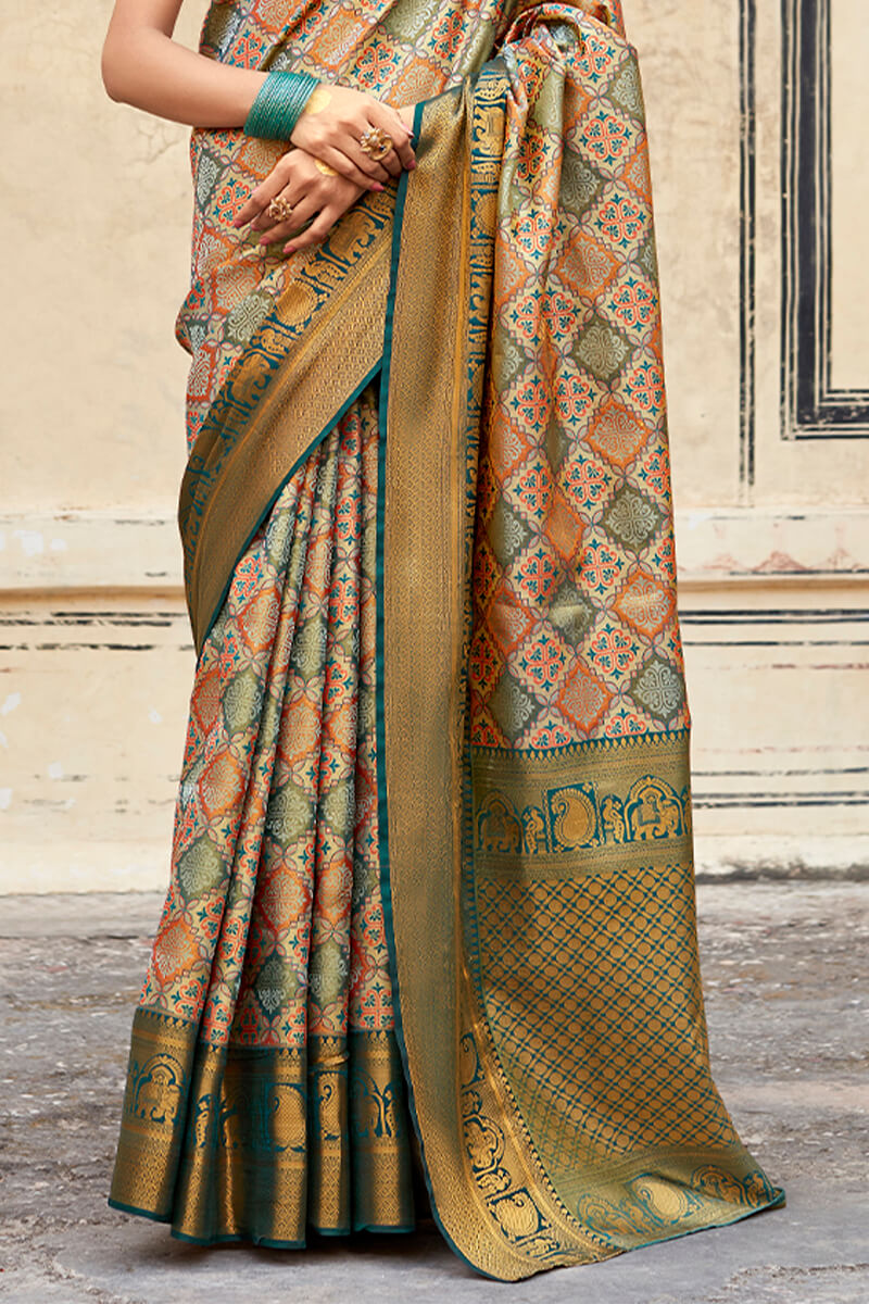 Intricate Rama Digital Printed Soft Silk Saree With Ravishing Blouse Piece