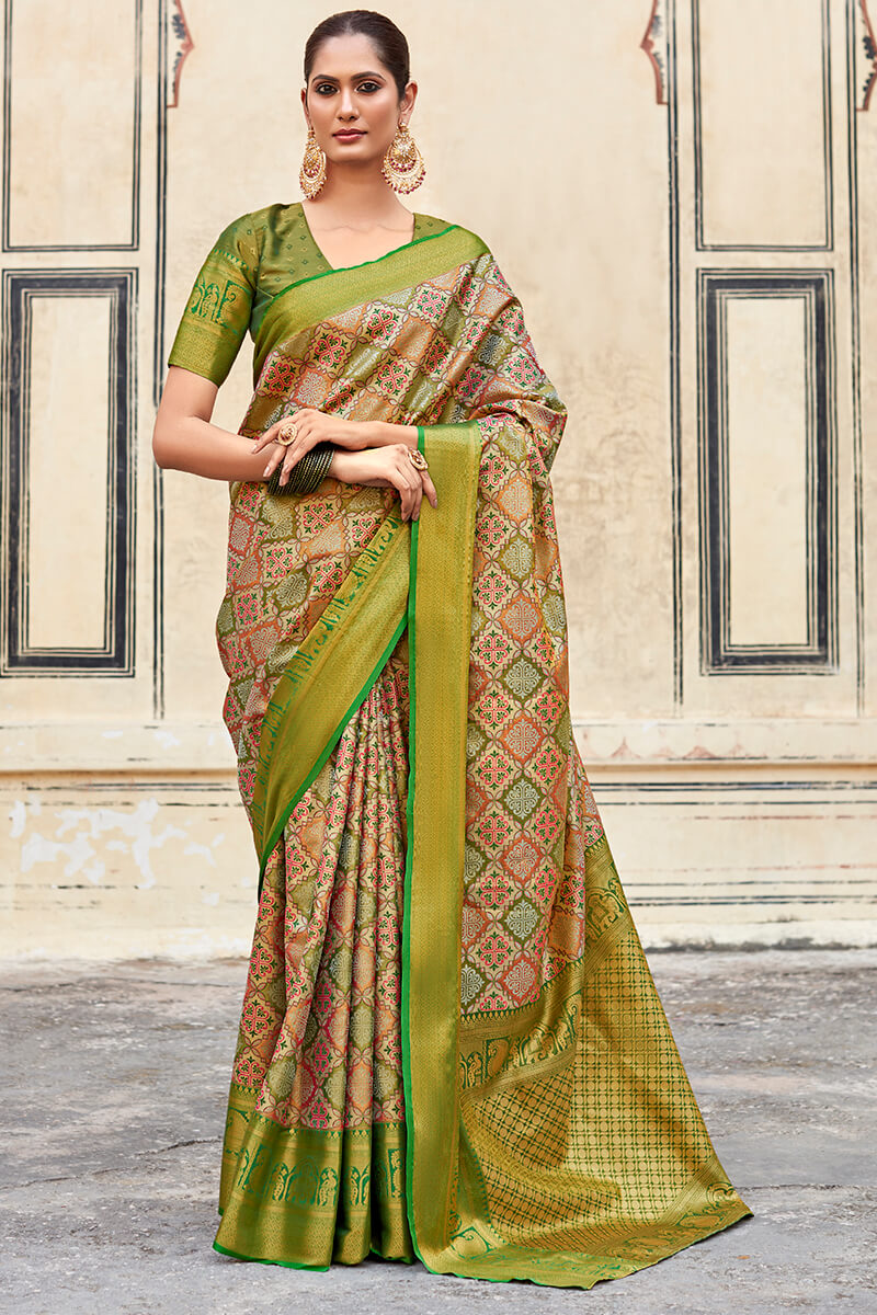 Embrocation Mehndi Digital Printed Soft Silk Saree With Petrichor Blouse Piece