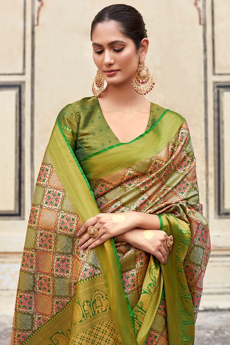 Embrocation Mehndi Digital Printed Soft Silk Saree With Petrichor Blouse Piece