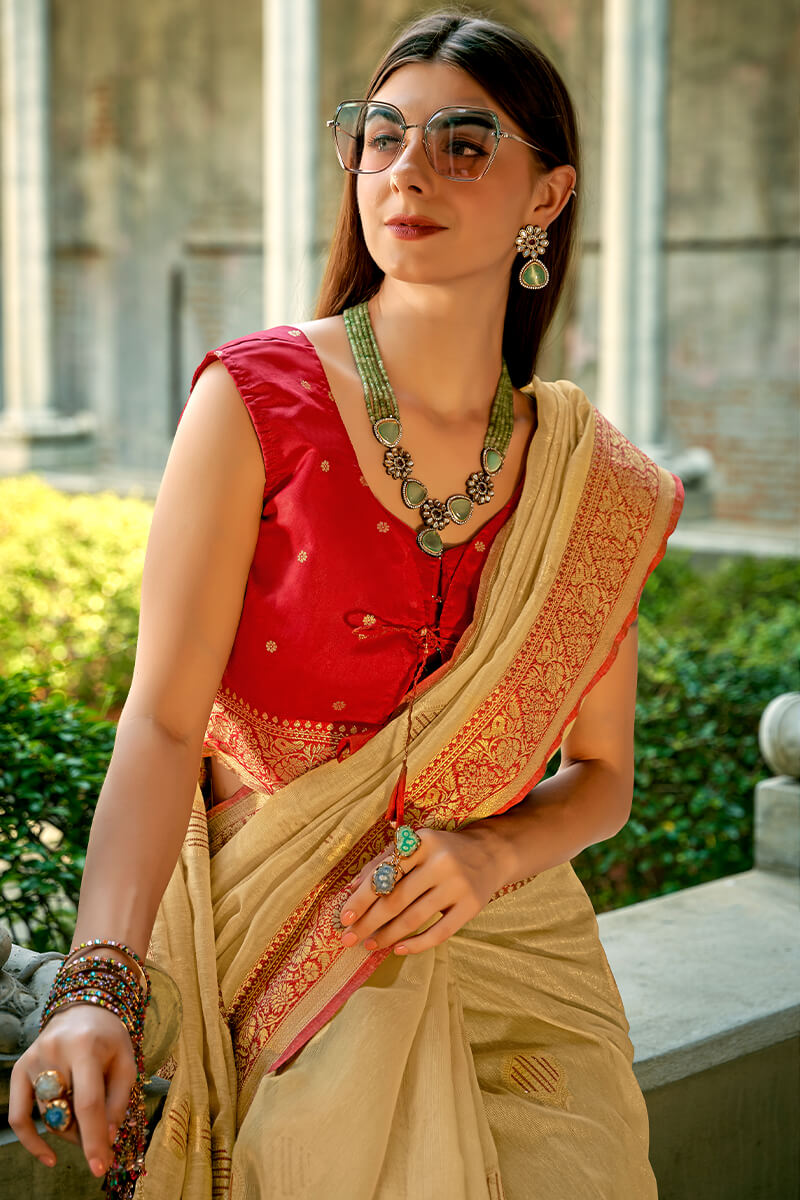 Incredible Beige Soft Banarasi Tissue Silk Saree With Transcendent Blouse Piece