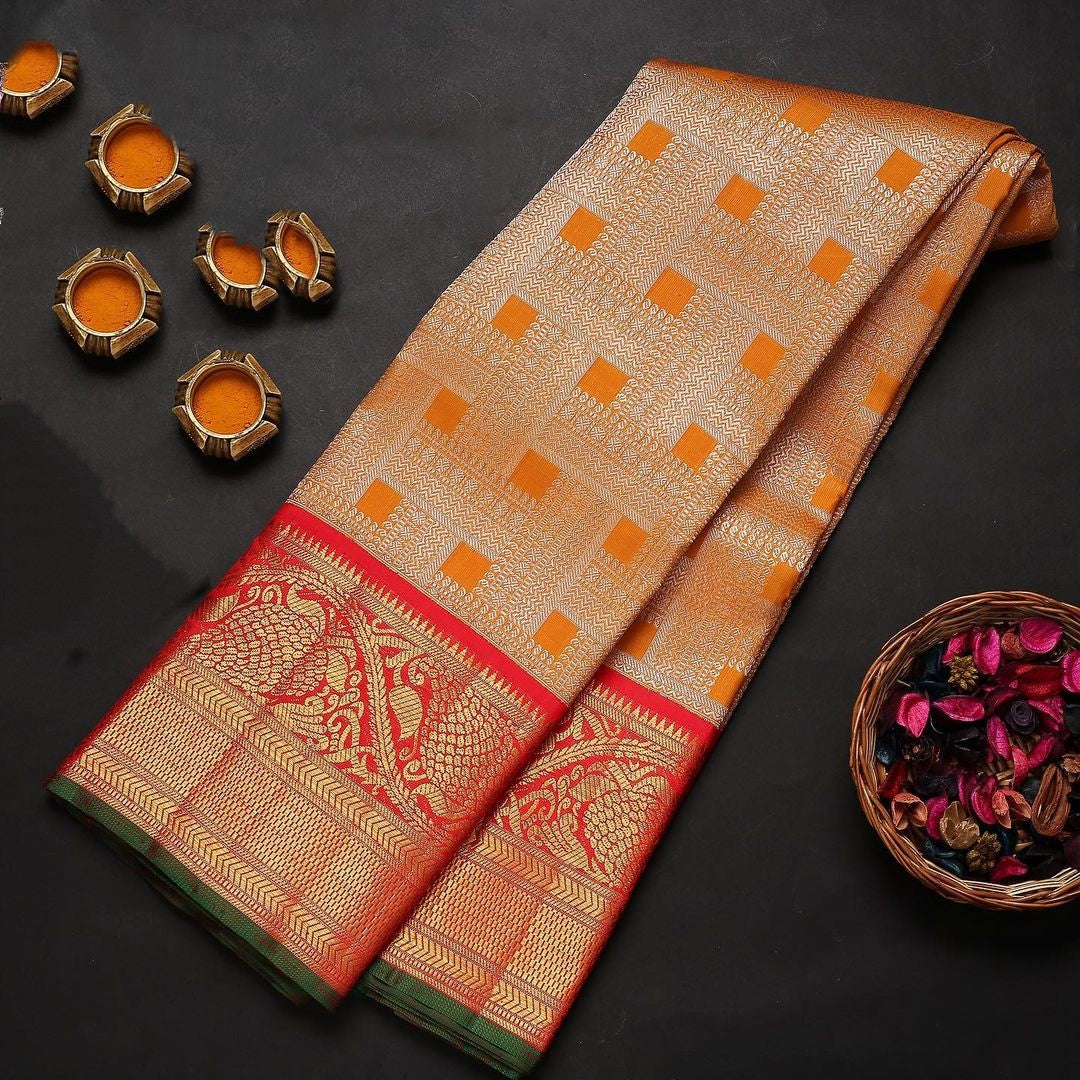 Sophisticated Orange Soft Banarasi Silk Saree With Two Attractive Blouse Piece