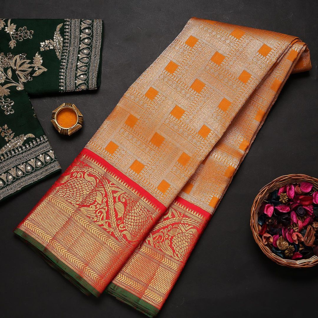 Sophisticated Orange Soft Banarasi Silk Saree With Two Attractive Blouse Piece