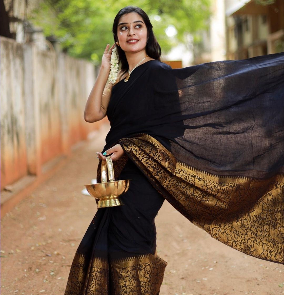 Sizzling Black Soft Silk Saree With Serendipity Blouse Piece