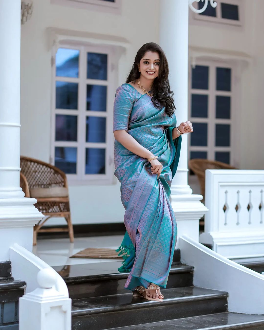 Sizzling Firozi Soft Silk Saree With Captivating Blouse Piece