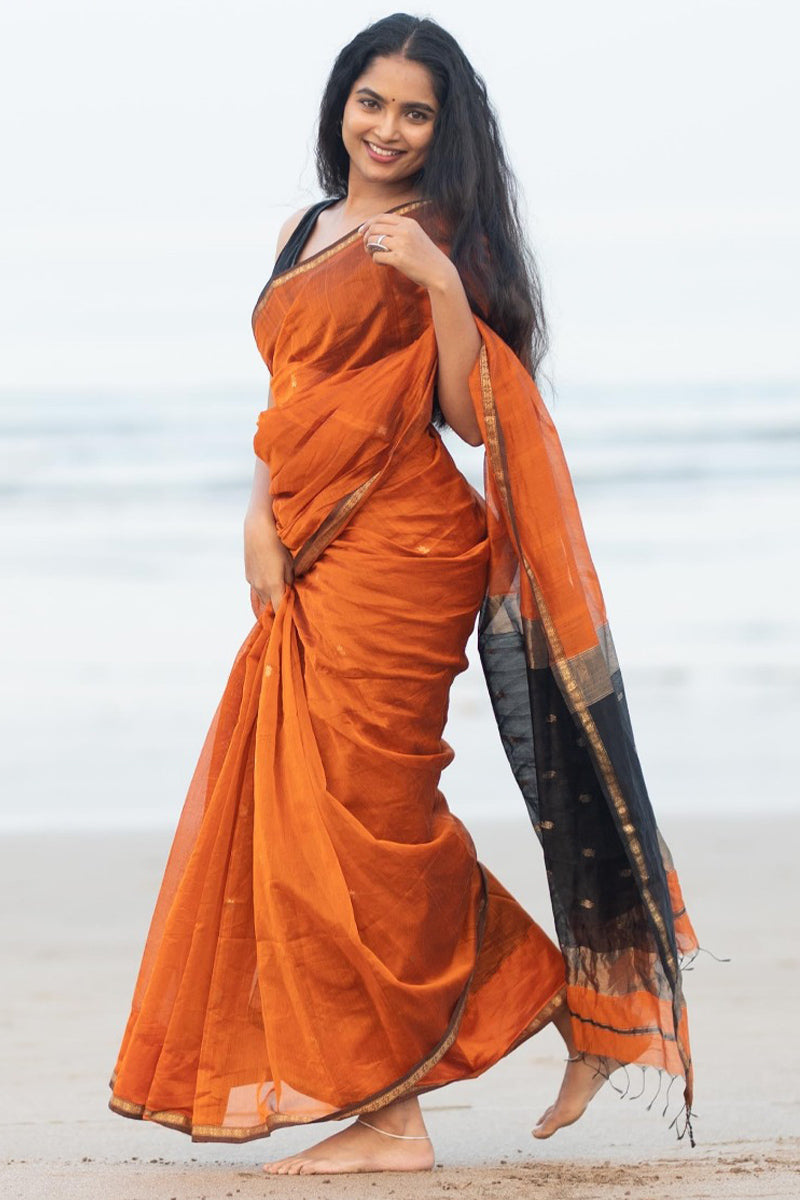 Unique Orange Cotton Silk Saree With Energetic Blouse Piece